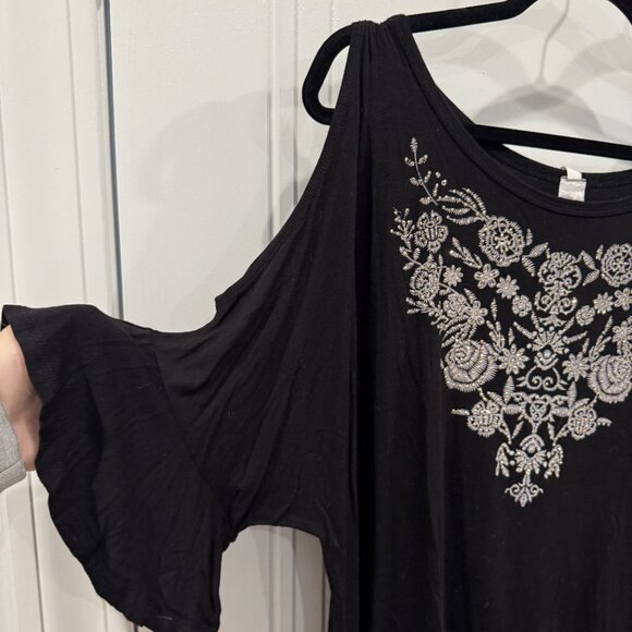 Black 2xl Cold Shoulder Top Silver Rhinestones Floral Design Boho Glam Concert - Picture 3 of 6